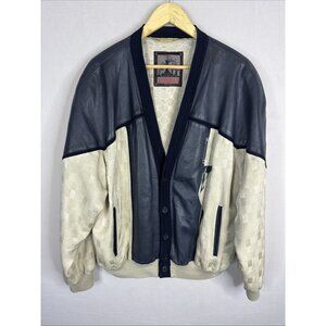 Torras Spain Leather Silk Bomber Jacket Mens L Navy Cream Designer Vintage